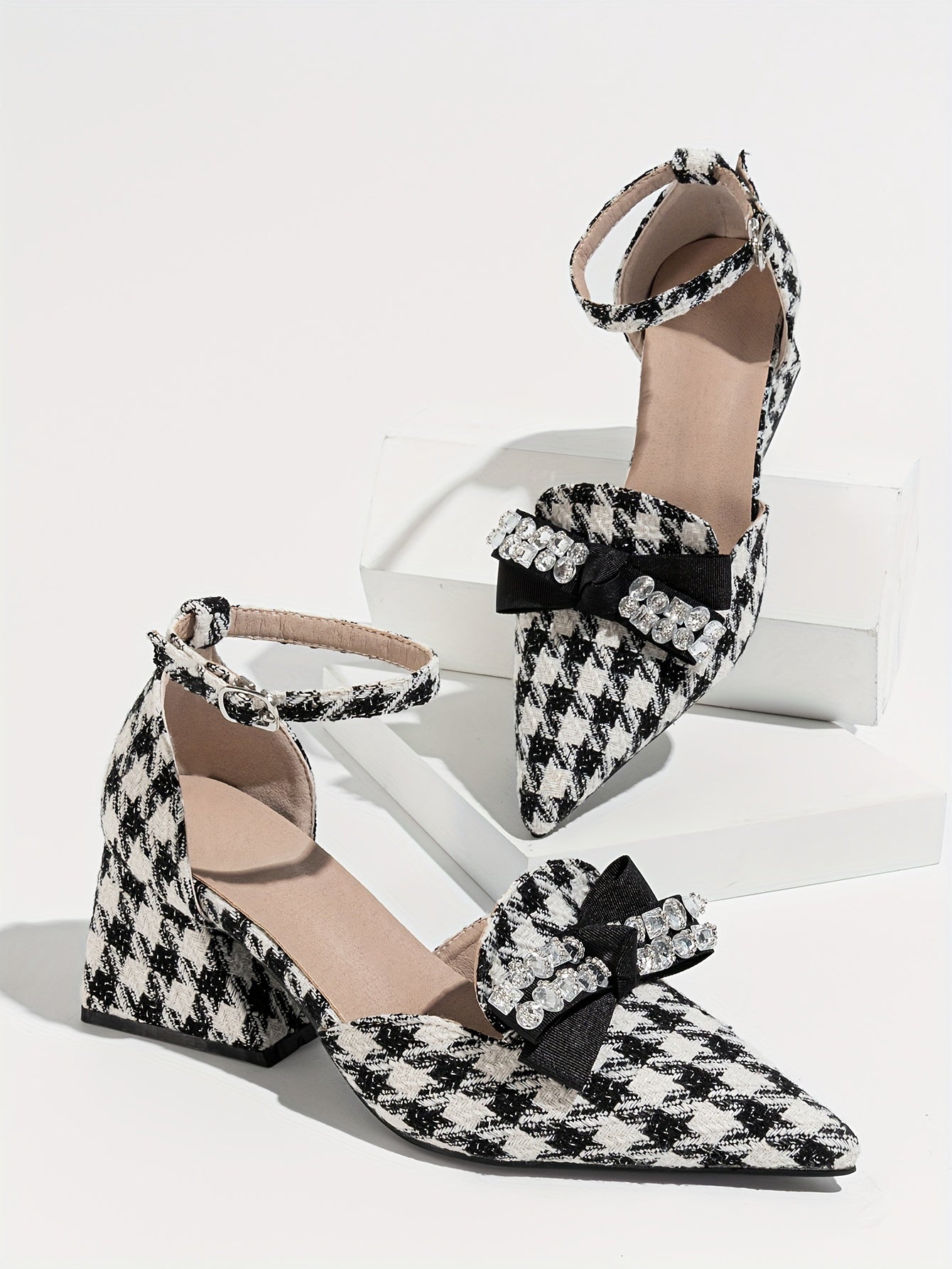 Women's Houndstooth Pattern Chunky Heels, Elegant Point Toe Dress Pumps, Stylish Bowknot Decor Buckle Strap Heels