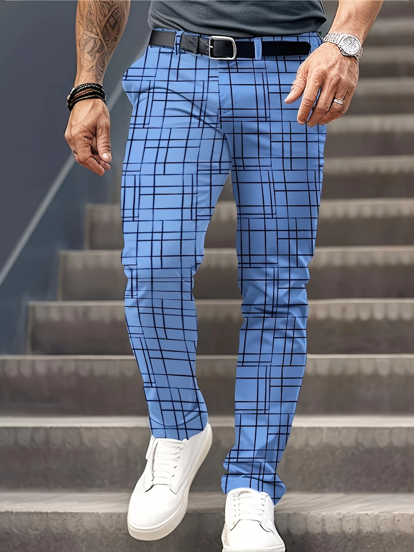 Men's Slim Fit Plaid Dress Pants - Elegant Casual Trousers for Business, Parties & Casual Attire, Polyester, Machine Washable