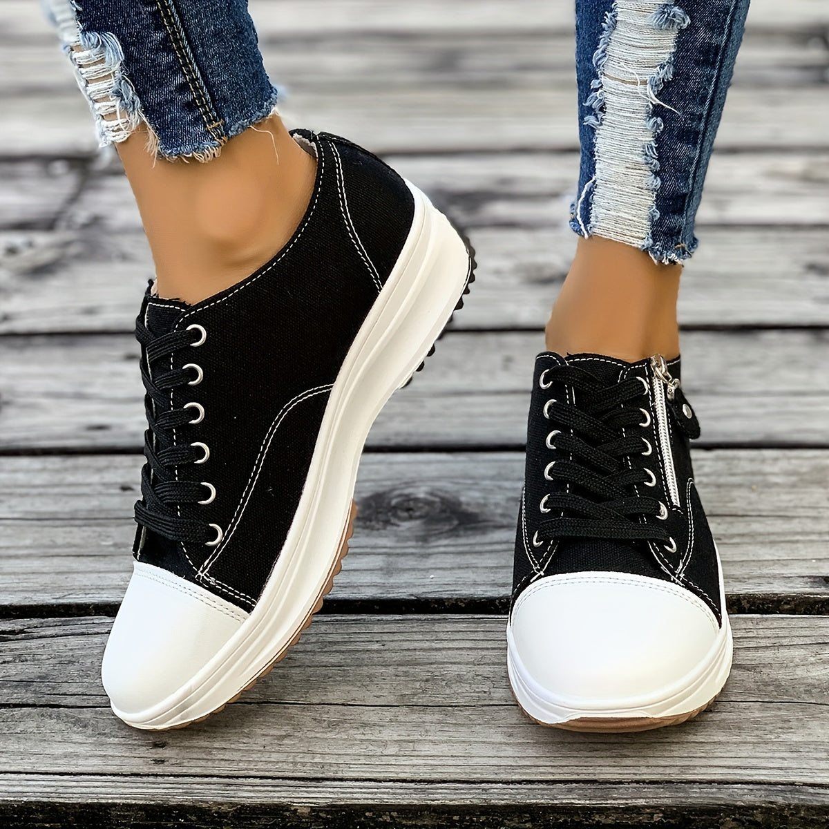 Women's Platform Canvas Sneakers, Trendy Zipper & Lace Up Low Top Sports Shoes, Casual Outdoor Walking Trainers