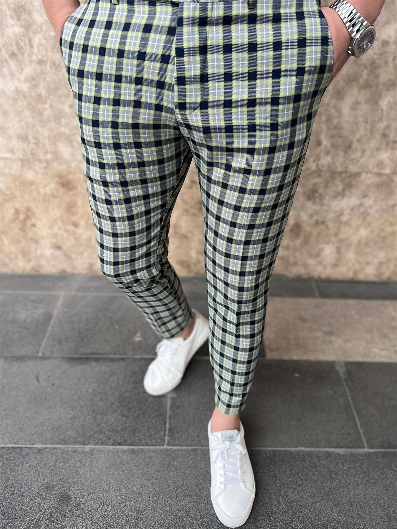 Men's Casual Plaid Print Dress Pants, Slim Fit Fashion Style Trousers, Business Casual Office Wear