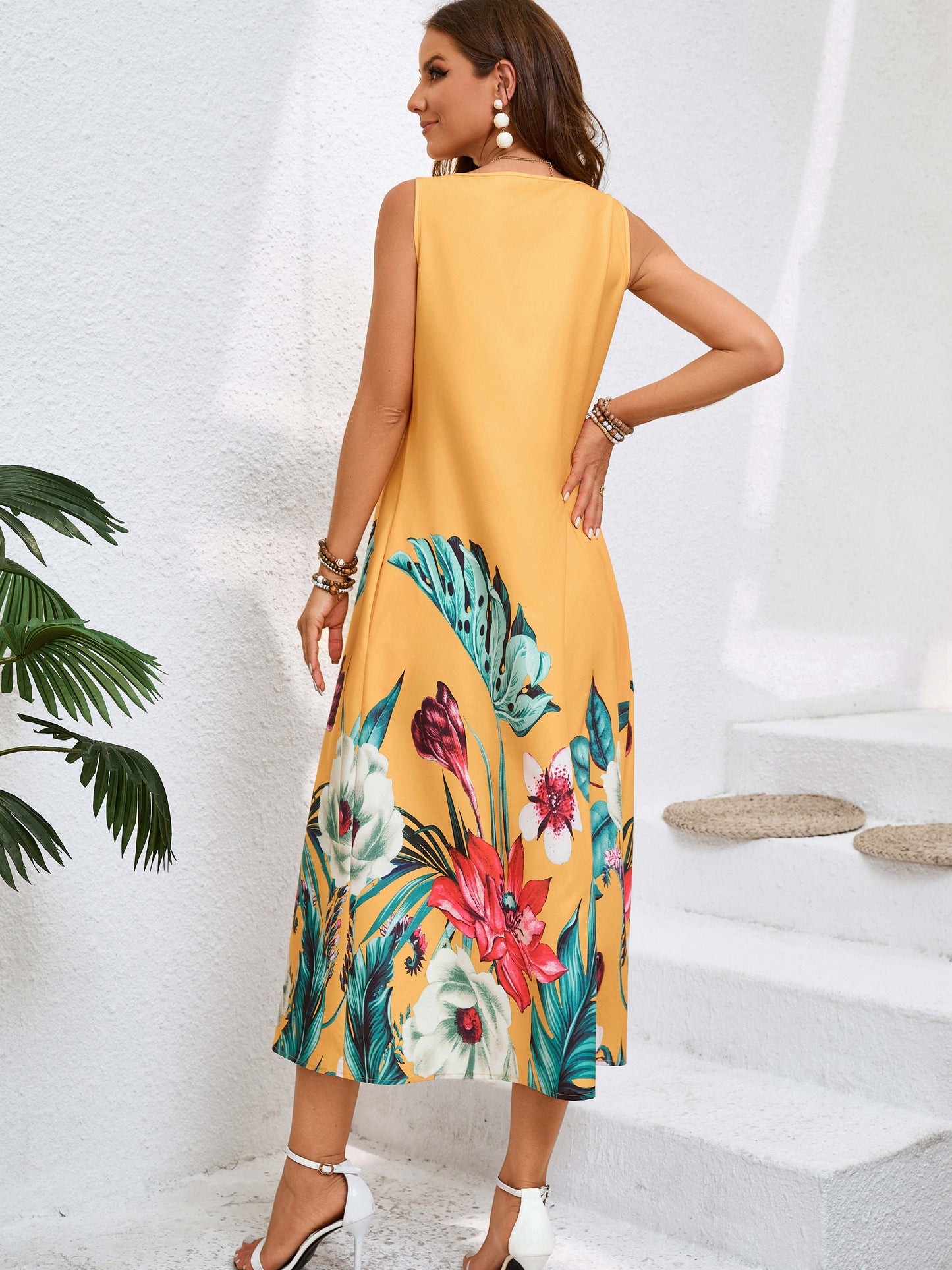 Floral Print Slant Pocket Tank Dress, Vacation Sleeveless Crew Neck Loose Maxi Dress, Women's Clothing