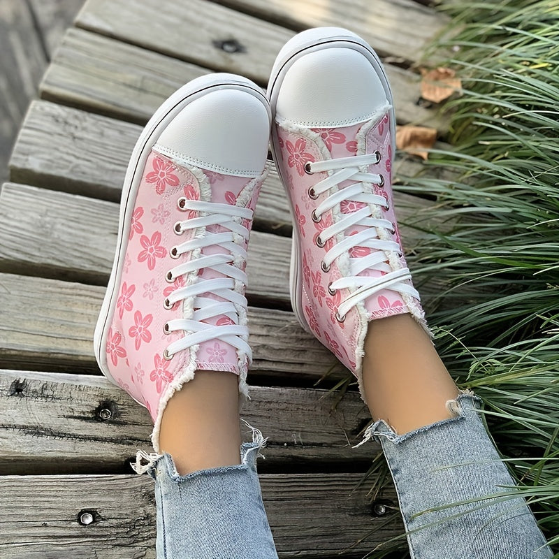 Women's High Top Canvas Shoes, Floral Printed Round Toe Lace Up Sneakers, Casual Flat Skate Shoes