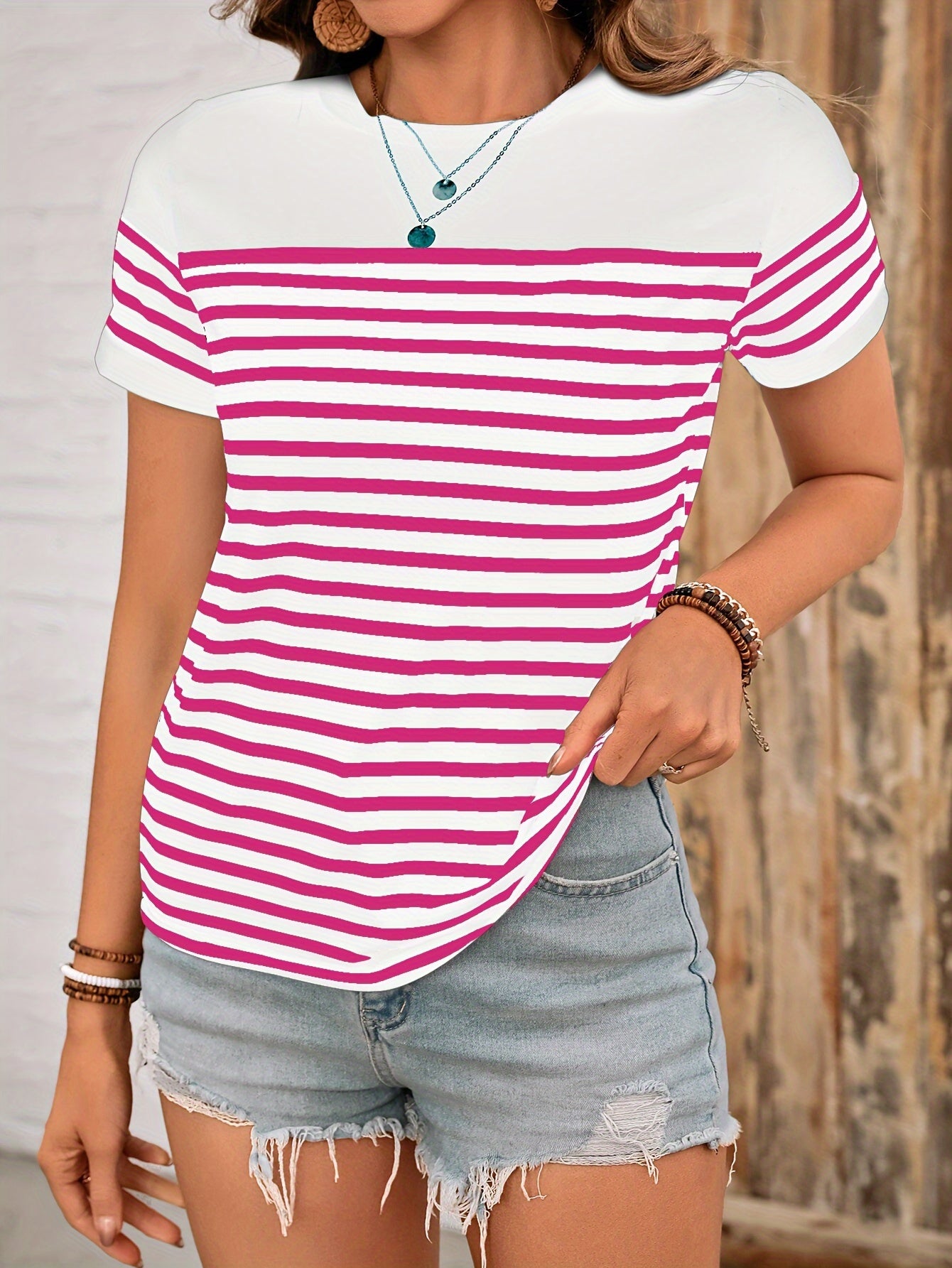 Striped Print Color Block T-Shirt, Casual Short Sleeve T-Shirt For Spring & Summer, Women's Clothing