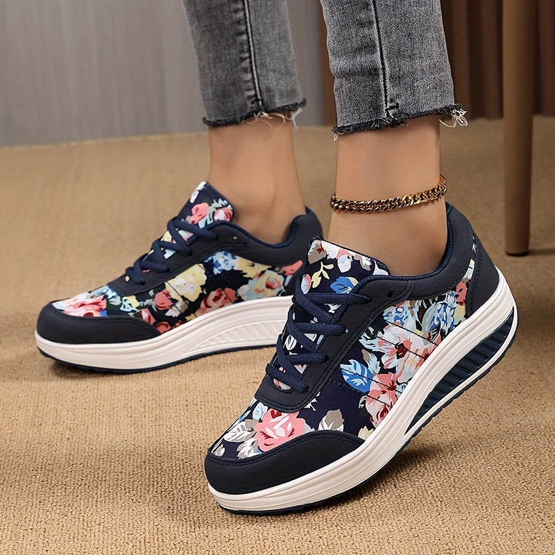 Women's Vintage Print Casual Sneakers, Lace Up Platform Soft Sole Walking Shoes, Round Toe Sporty Rocking Trainers