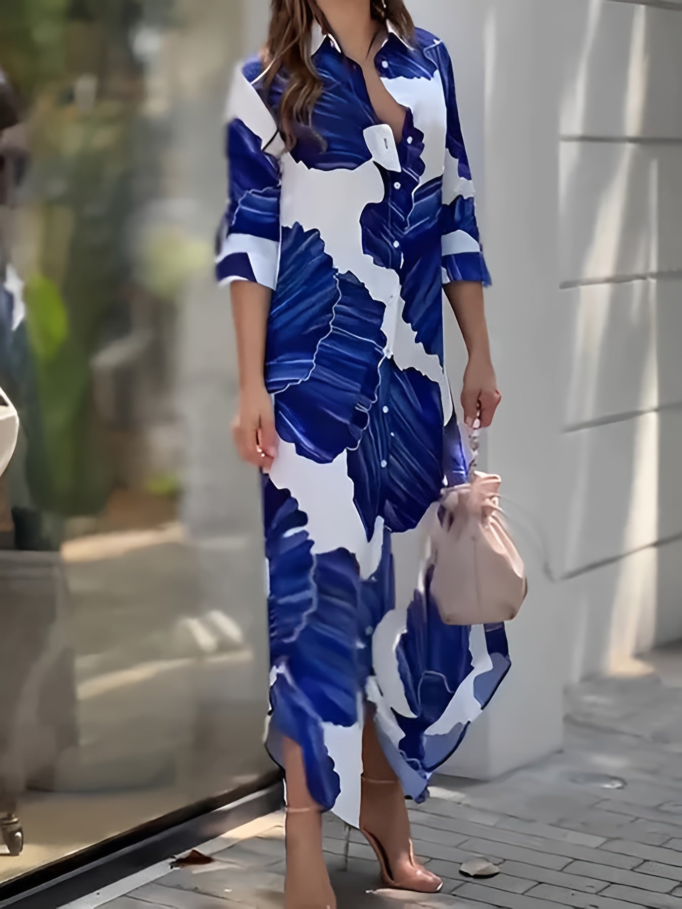 Abstract Print Button Front Shirt Dress, Elegant 3/4 Sleeve Maxi Dress For Spring & Fall, Women's Clothing