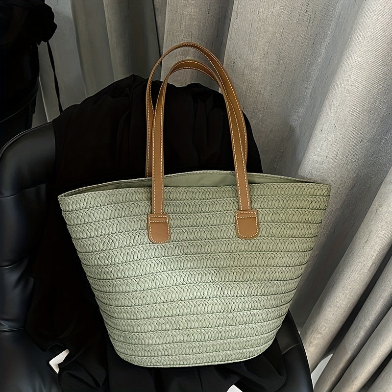 Woven Straw Tote Bag, Portable Double Handle Stylish Handbag, Zipper Braided Straw Slouchy French Style Beach Bag