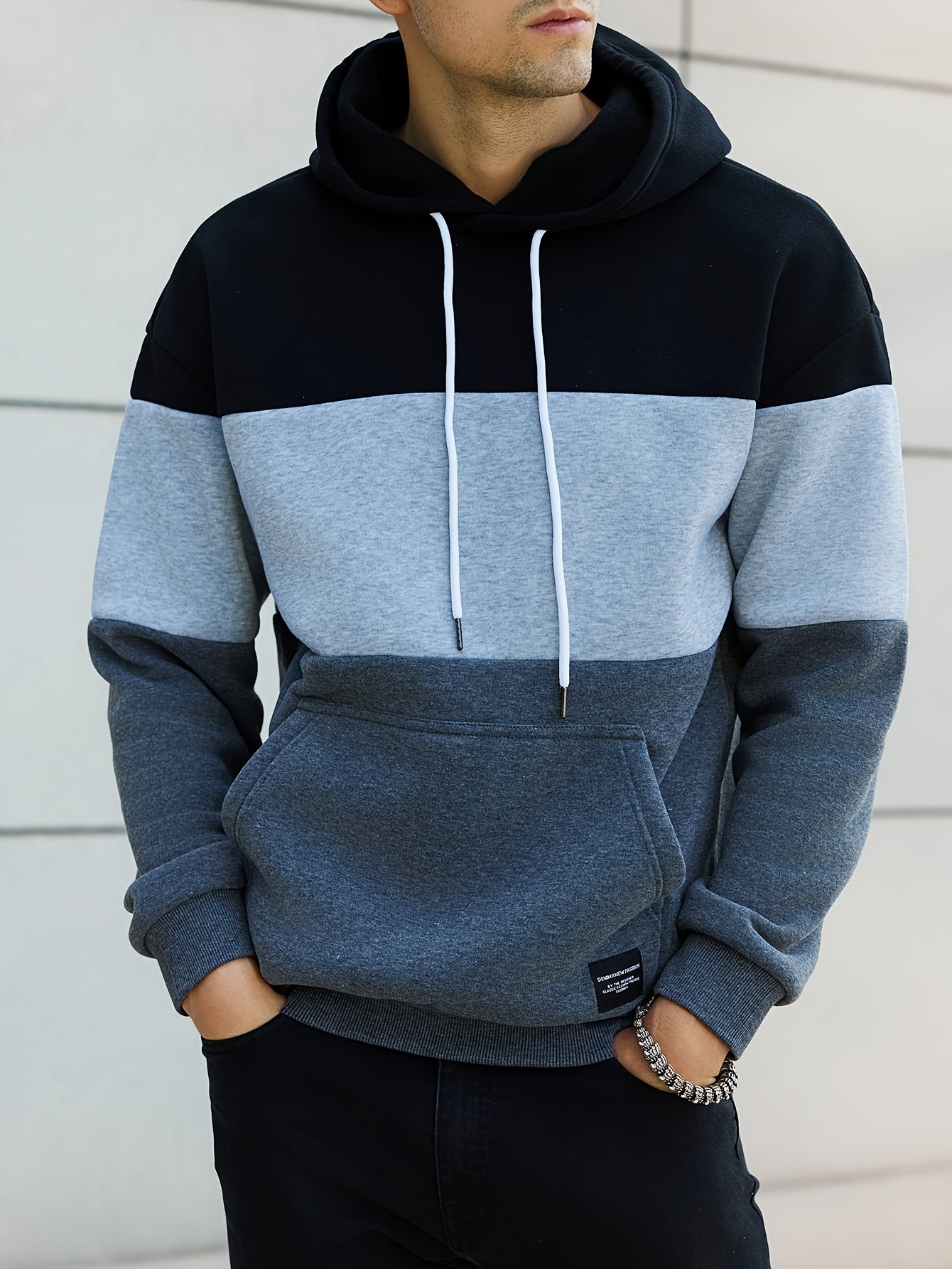 Men's Hooded Color Block Pattern Long Sleeve Sweatshirt With A Kangaroo Pocket, Casual And Chic Hoodie For Outdoors Wear