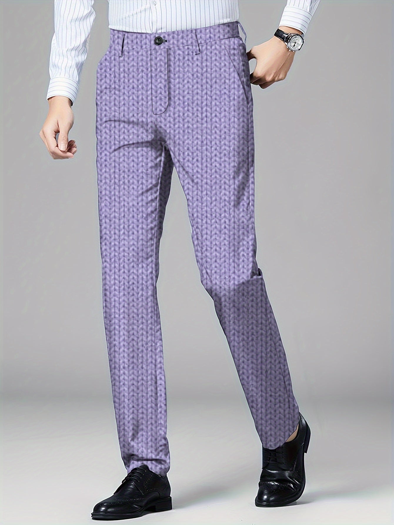 Men's Slim-Fit Straight-Leg Dress Pants for Business & Party - Lavender, Polyester and Elastane Blend, Mid-Waist with Pockets, Printed, Stretch Fabric, Non-Transparent, Hand Wash or Dry Clean, Available in Sizes S to XXXL, Pe