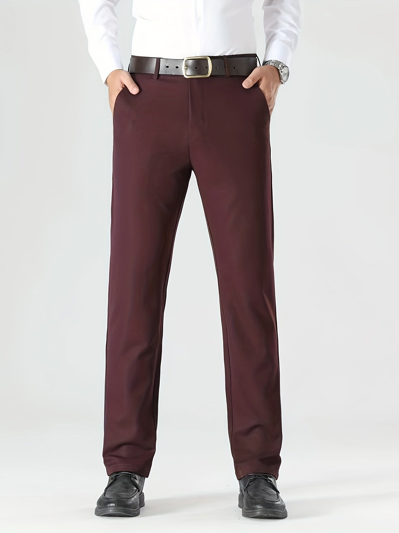 Men's Solid Color Slightly Stretch Formal Dress Pants For Business Office Occasions, All Seasons