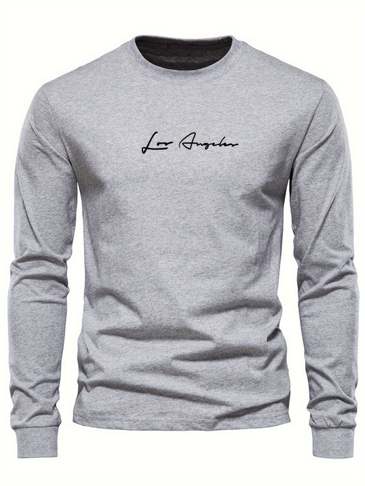 Los Angeles Script Print Casual Sports Long Sleeve T-Shirt, Polyester Blend (95% Polyester, 5% Spandex), Crew Neck, Medium Stretch Knit, Regular Fit - L'Heurystic Collection