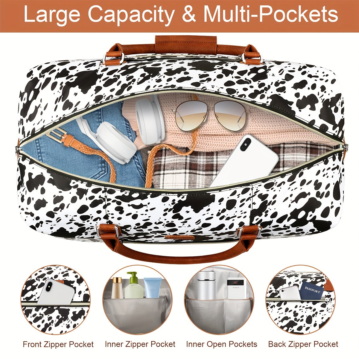 Elegant Oxford Cloth Weekender Bag for Women with Shoe Compartment - 1 PC Cow Pattern Travel Duffel Tote from Guangzhou