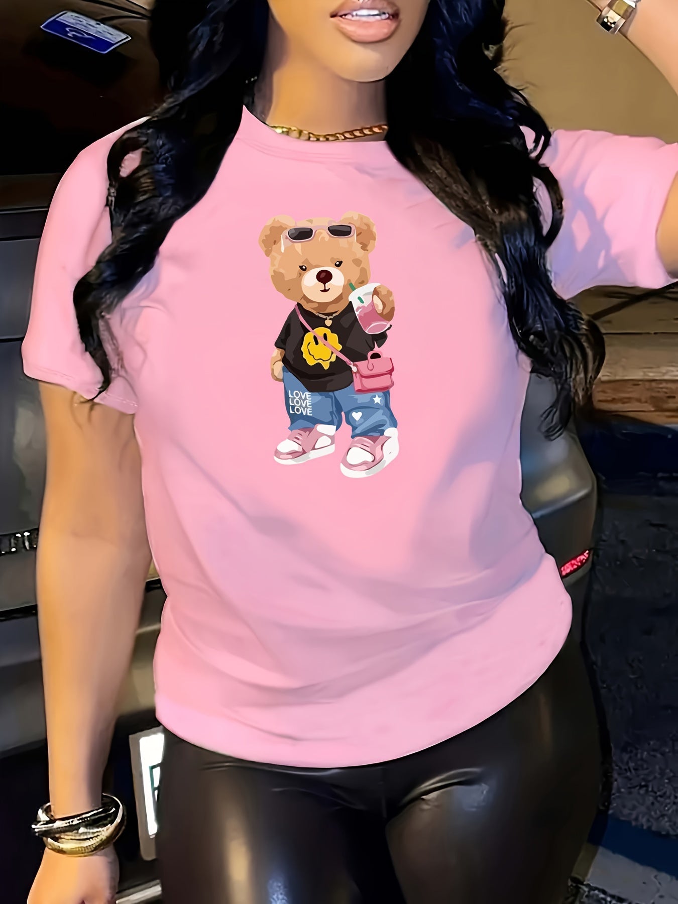 Cartoon Bear Pattern Casual T-Shirt, Round Neck Short Sleeves Versatile Sports Tee, Women's Tops