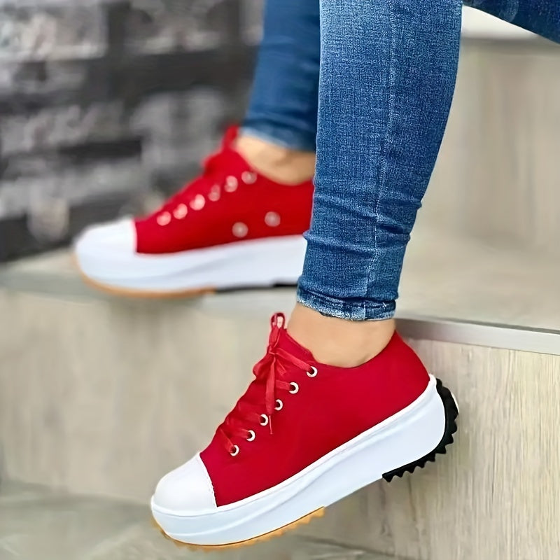 Women's Chunky Canvas Shoes, Non Slip Lace Up Casual Sneakers, Thick Sole Running Sports Shoes