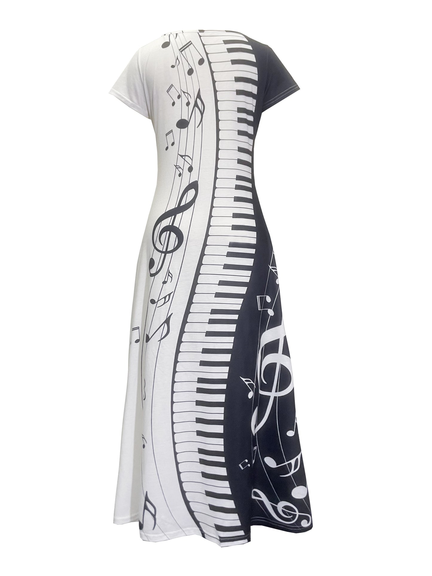 Music Note Print V Neck Dress, Casual Short Sleeve Maxi Dress For Spring & Summer, Women's Clothing