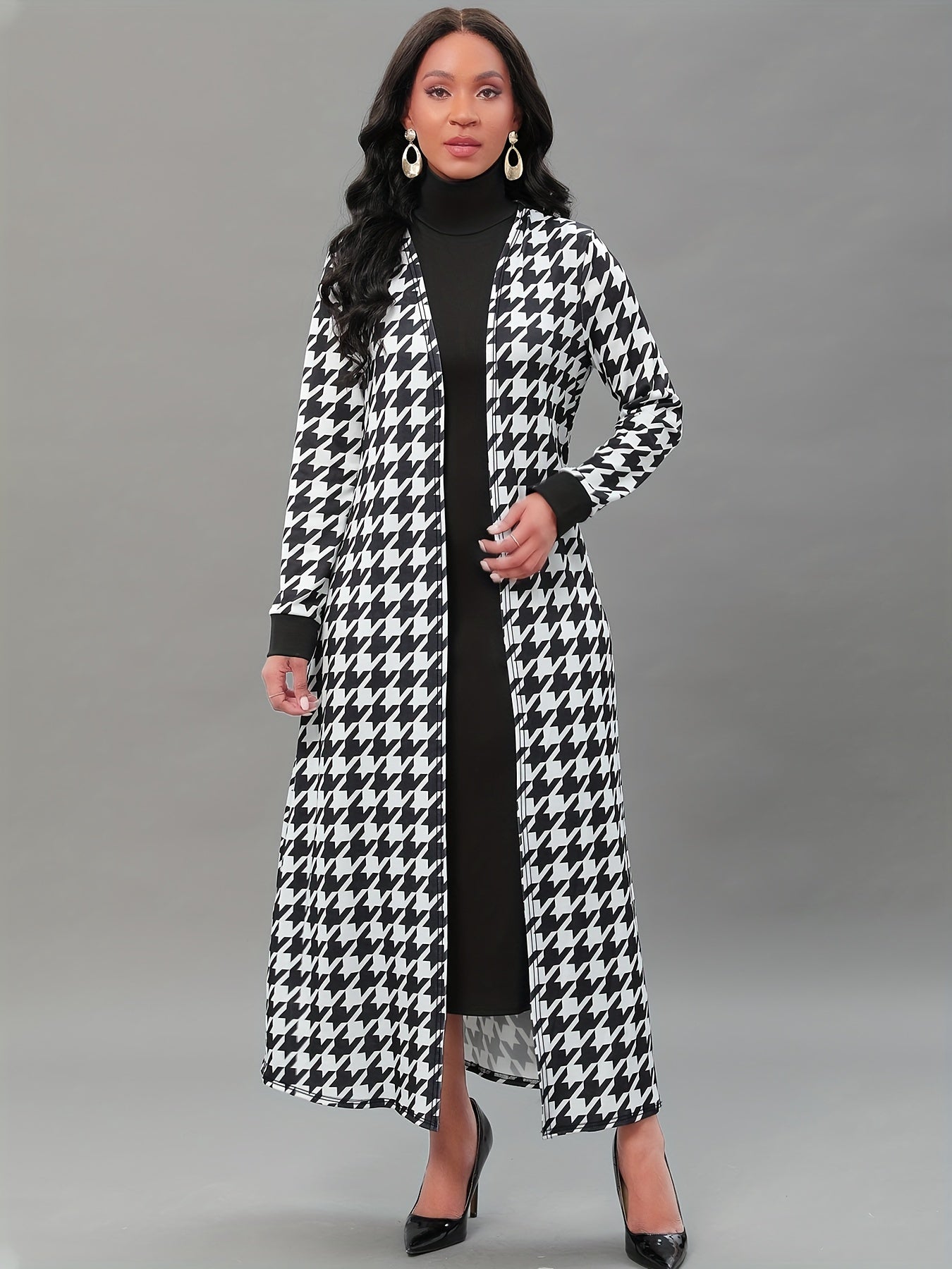 Elegant Two-piece Set, Solid Midi Dress & Houndstooth Print Open Front Cardigan Outfits, Women's Clothing