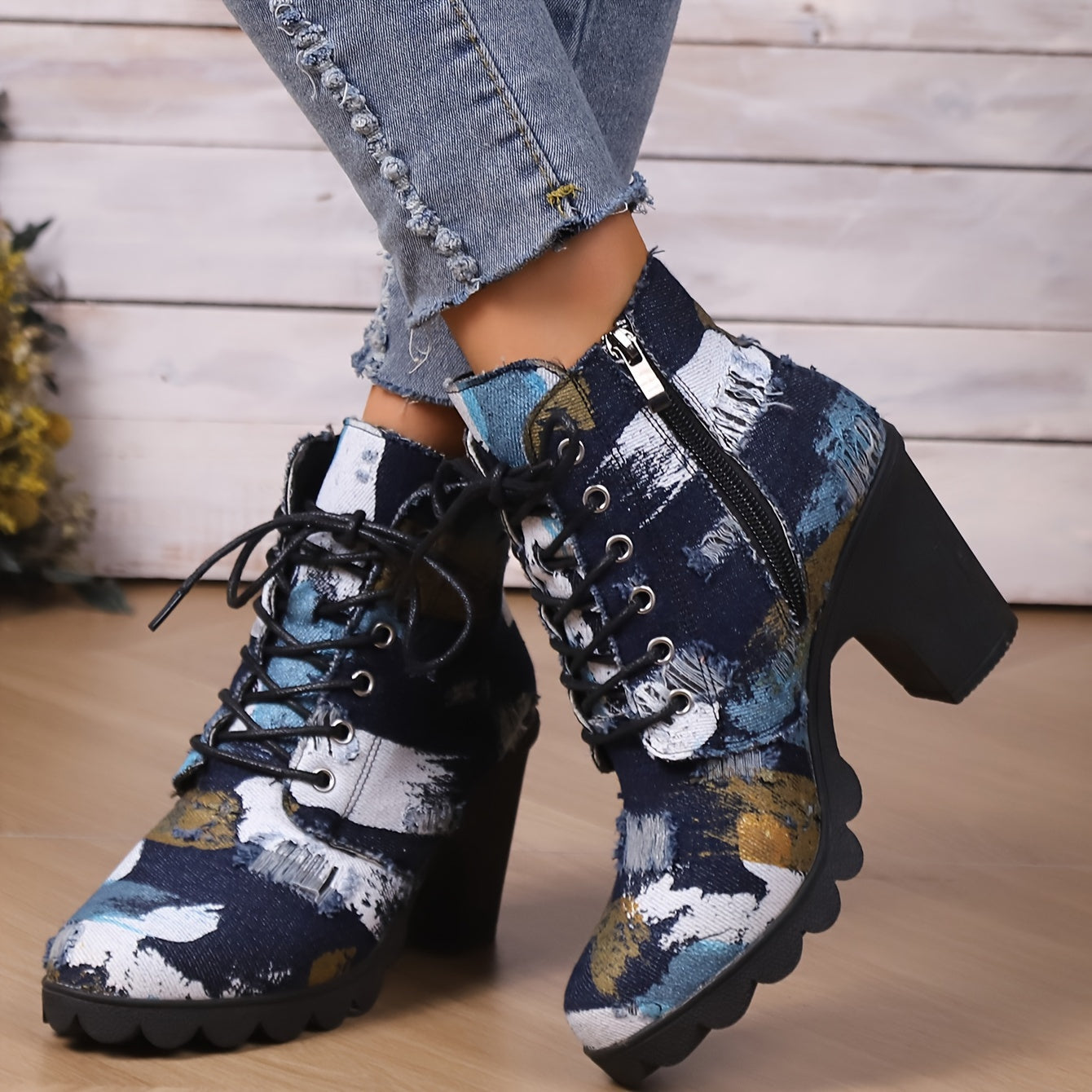 Women's Colorblock Trendy Boots, Side Zipper Casual Chunky Heel Lace Up Boots, Versatile Round Toe Ankle Boots