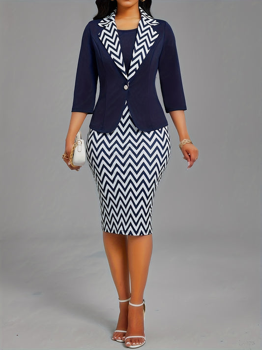 Elegant Geometric Pattern Knit Dress Suit - Polyester Blend Lapel Collar, Medium Stretch, Three Quarter Sleeve with Button Detail, Regular Fit H-Contour Office Wear - Middle East Collection