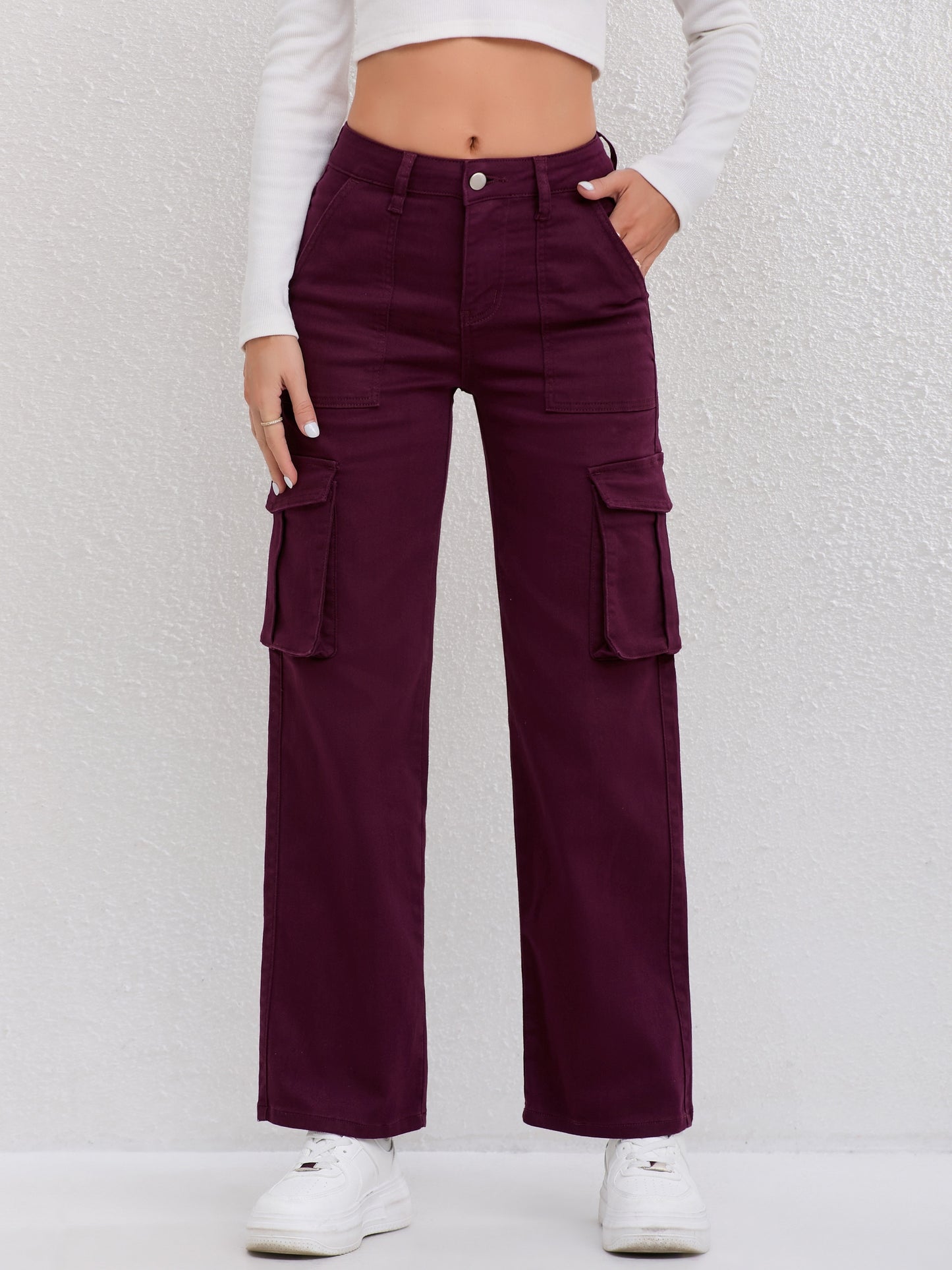 Women's High-Waist Stretchy Plain Slim-Fit Cargo Pants, Fashion Street Style Red Denim Trousers With Pockets, Casual Full-Length Jeans for autumn