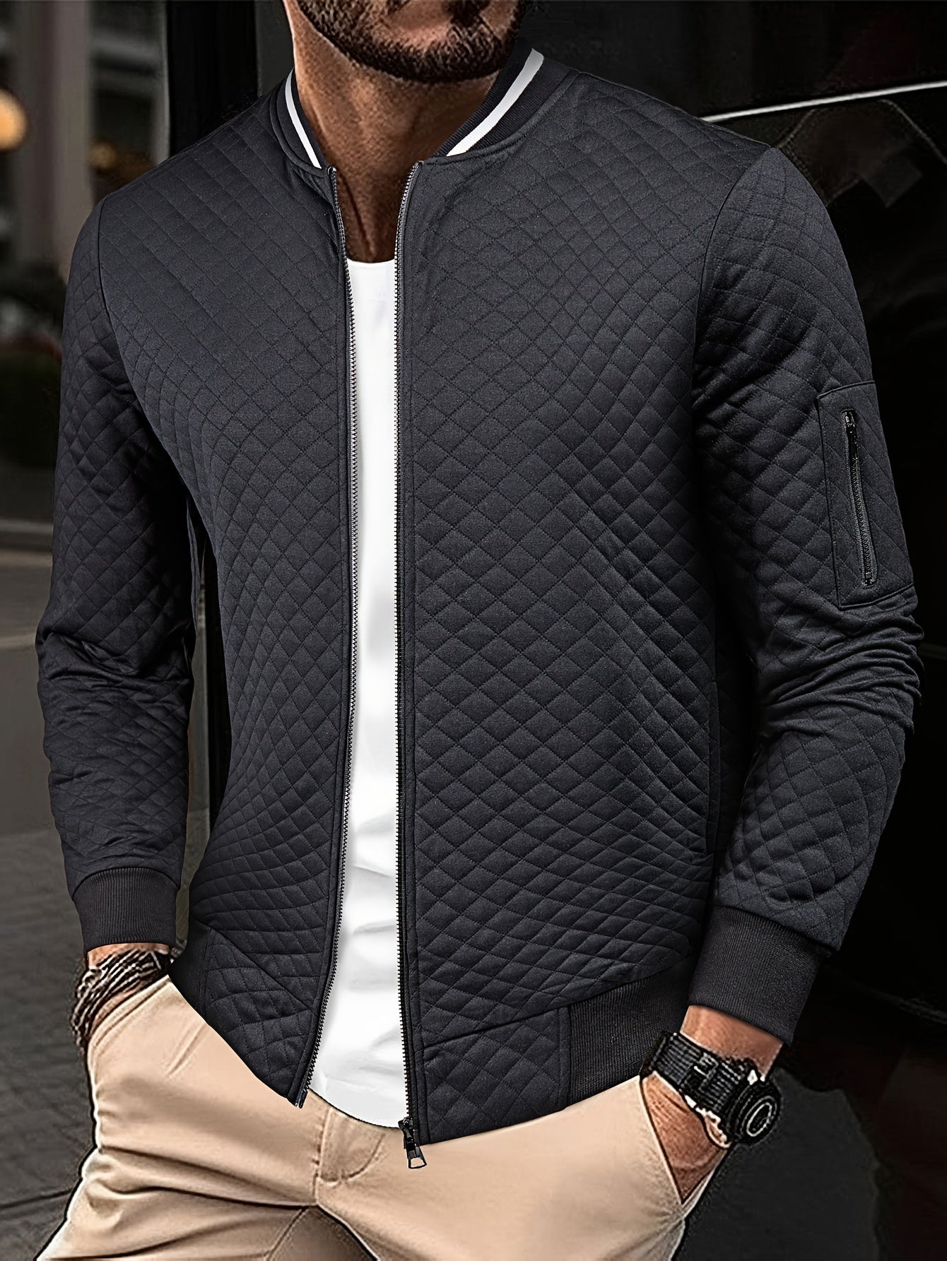 Men's Rhombus Textured Baseball Jacket, Casual Stylish Coat Spring And Autumn Outdoor Clothes