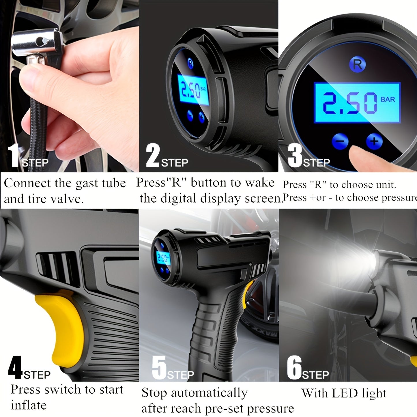 1 Pcs Tire Inflator Portable Air Compressor Car Air Pump with Digital Display, LED Light, Set of Nozzle Adaptors for Car, Motorcycle, Bicycle, Ball