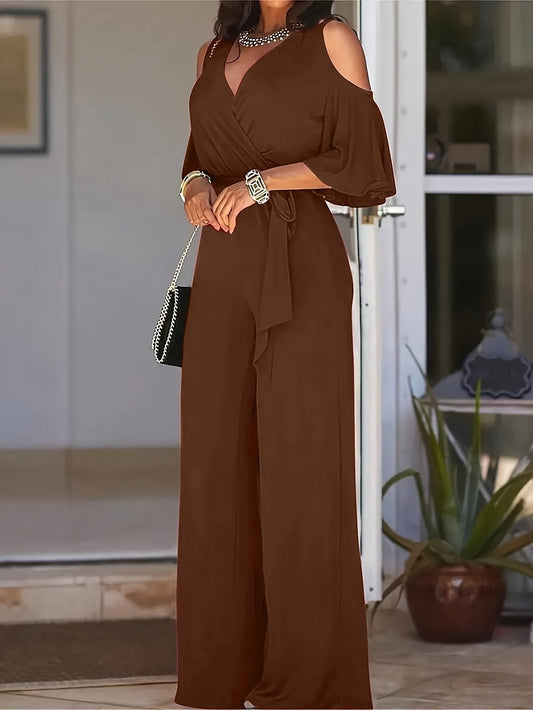 Solid Cold Shoulder V-neck Jumpsuit, Elegant Half Sleeve Jumpsuit For Spring & Summer, Women's Clothing