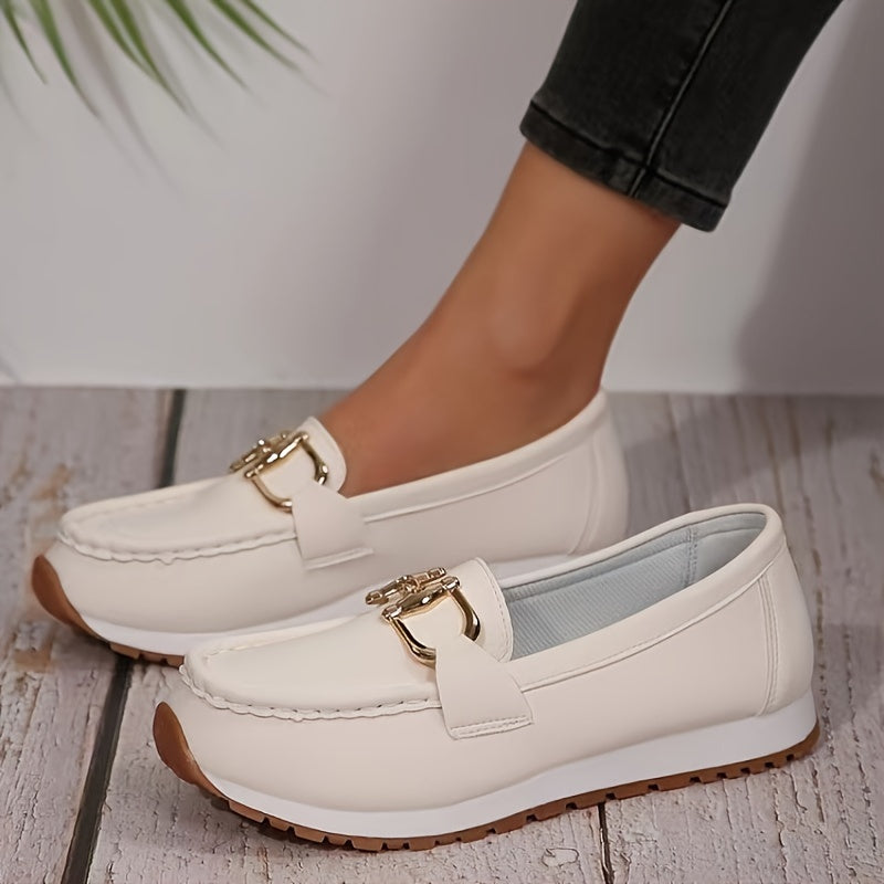 Women's Fashion Solid Color Loafers, Casual Slip-On Shoes With Metallic Buckle, Comfortable Soft Sole Closed Toe Shoes