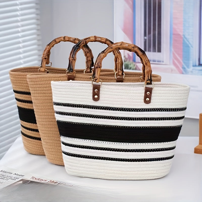 1pc Handmade Woven Cotton Rope Bags, Bamboo Joint Bags, Straw Woven Bags, Simple Commuting Handbags, Multiple Styles Of Tote Bags