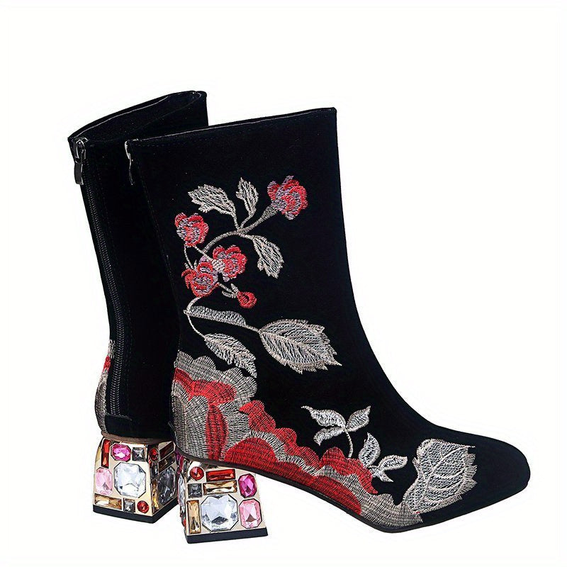 Women's Floral Embroidered Short Boots, Elegant Rhinestone Chunky Mid Heeled Boots, Fashion Baci Zipper Boots