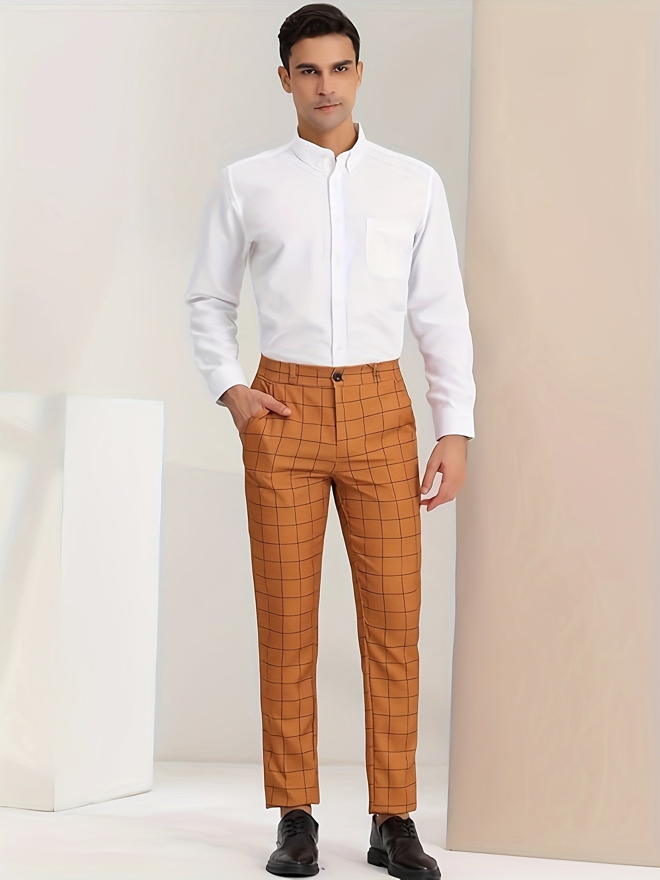 Classic Plaid Design Dress Pants, Men's Formal Slightly Stretch Dress Pants For Business Occasions