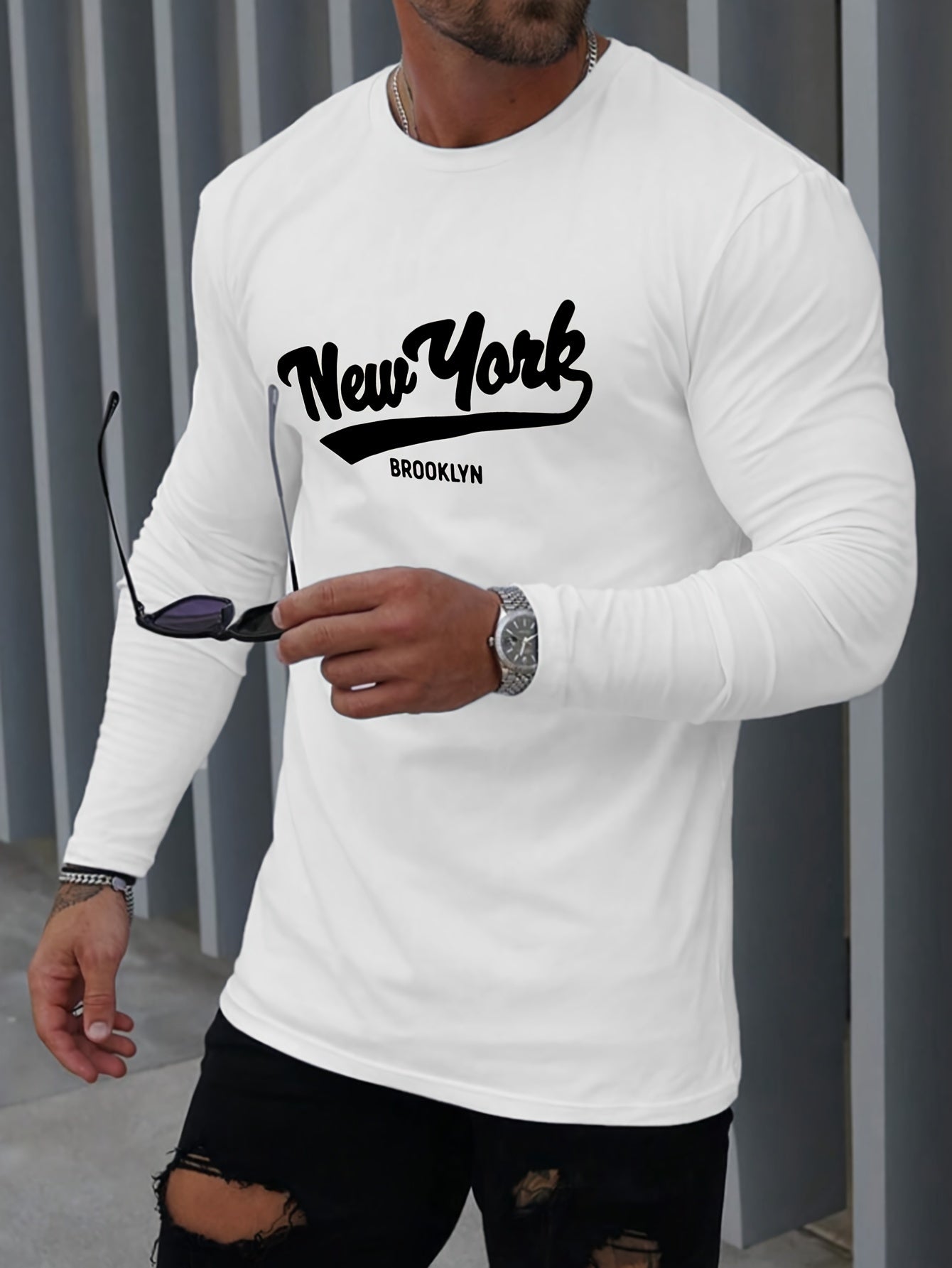 Stylish Men's Casual Long Sleeve Printed T-Shirt - Soft Stretchy Polyester Blend, Classic Crew Neck Design, Perfect for Fall and Winter Season, Comfortable and Versatile for Daily Wear