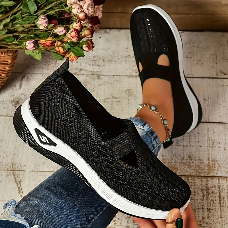 Womens Lightweight Knit Cut-out Sneakers - Ultra-Casual, Exceptionally Breathable Sports sole, Easy Slip-On Shoes with Super Lightweight Construction and Flat Heel for Comfort - Perfect for Outdoor Walking and Casual Strolls