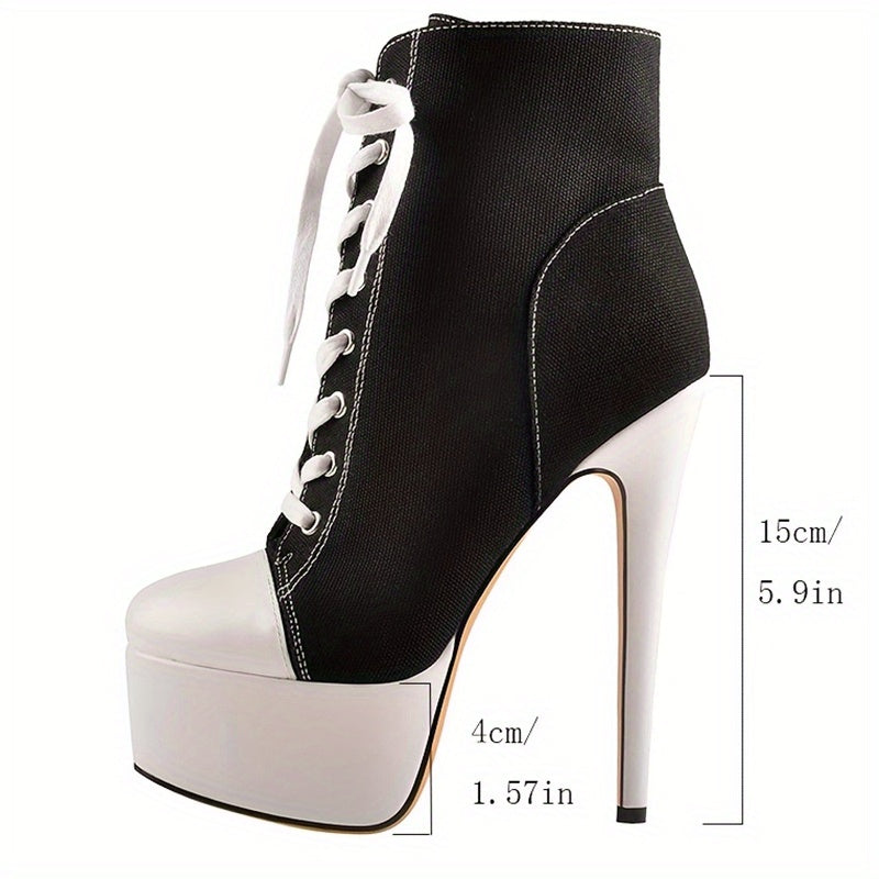 Women's Platform Canvas High Heels, Round Toe Lace Up Sneaker Boots, Casual Stiletto Heels