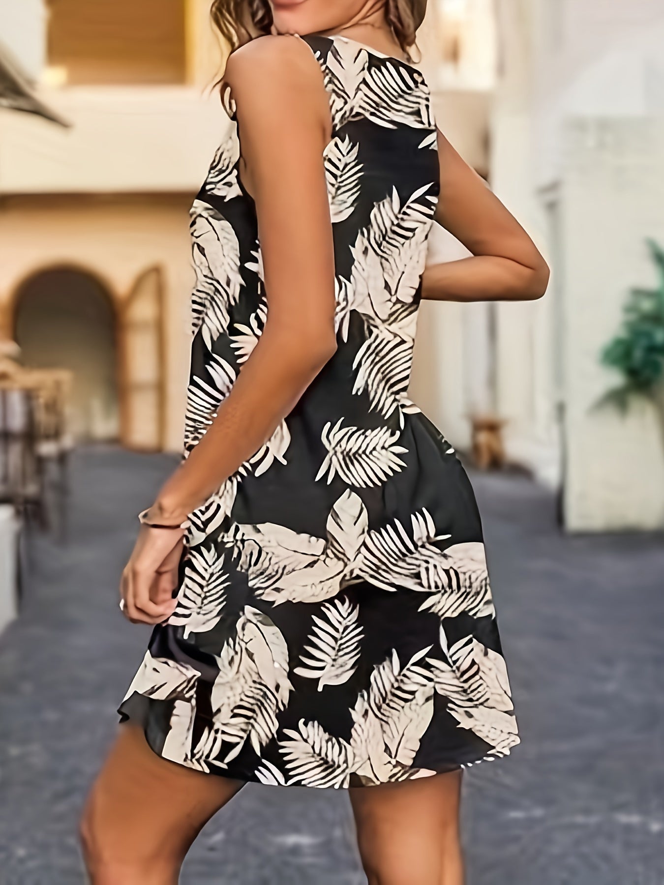 Tropical Plants Print Tank Dress, Vacation Sleeveless V-neck Dress, Women's Clothing