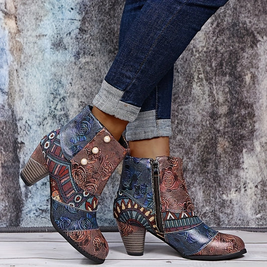 Women's Floral Pattern Boots, Side Zipper Casual Chunky Heel Ankle Boots, Versatile Round Toe Boots