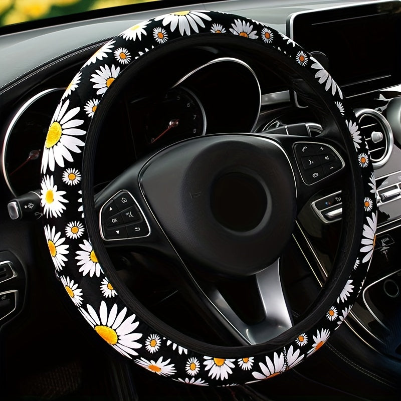 1pc Car Steering Wheel Cover Protector Cover Car Daisy Printed Anti-Slip Cover Universal Car Interior Accessories 37.01-38.99cm