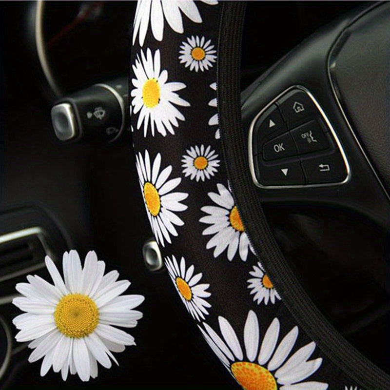 1pc Car Steering Wheel Cover Protector Cover Car Daisy Printed Anti-Slip Cover Universal Car Interior Accessories 37.01-38.99cm