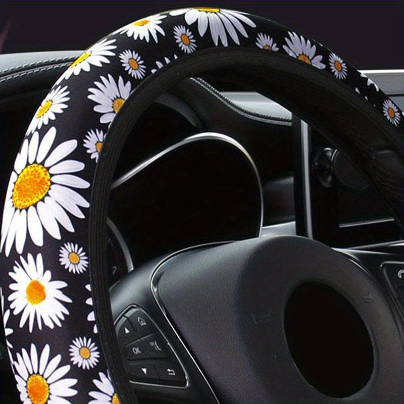 1pc Car Steering Wheel Cover Protector Cover Car Daisy Printed Anti-Slip Cover Universal Car Interior Accessories 37.01-38.99cm