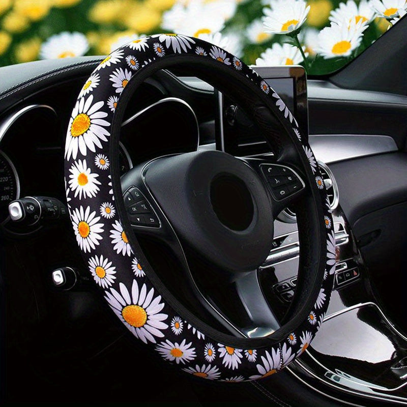 1pc Car Steering Wheel Cover Protector Cover Car Daisy Printed Anti-Slip Cover Universal Car Interior Accessories 37.01-38.99cm