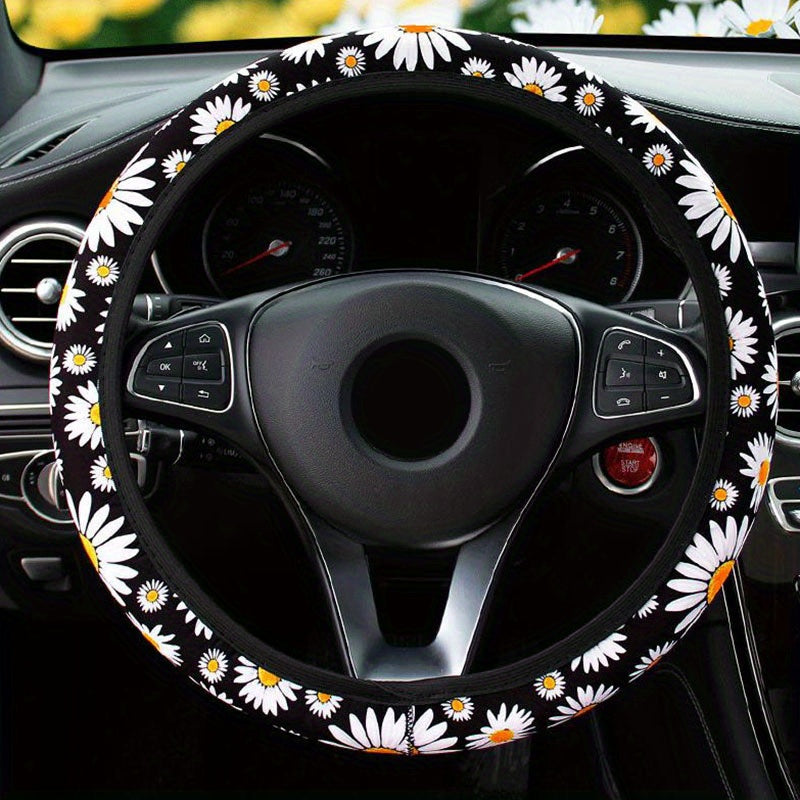 1pc Car Steering Wheel Cover Protector Cover Car Daisy Printed Anti-Slip Cover Universal Car Interior Accessories 37.01-38.99cm