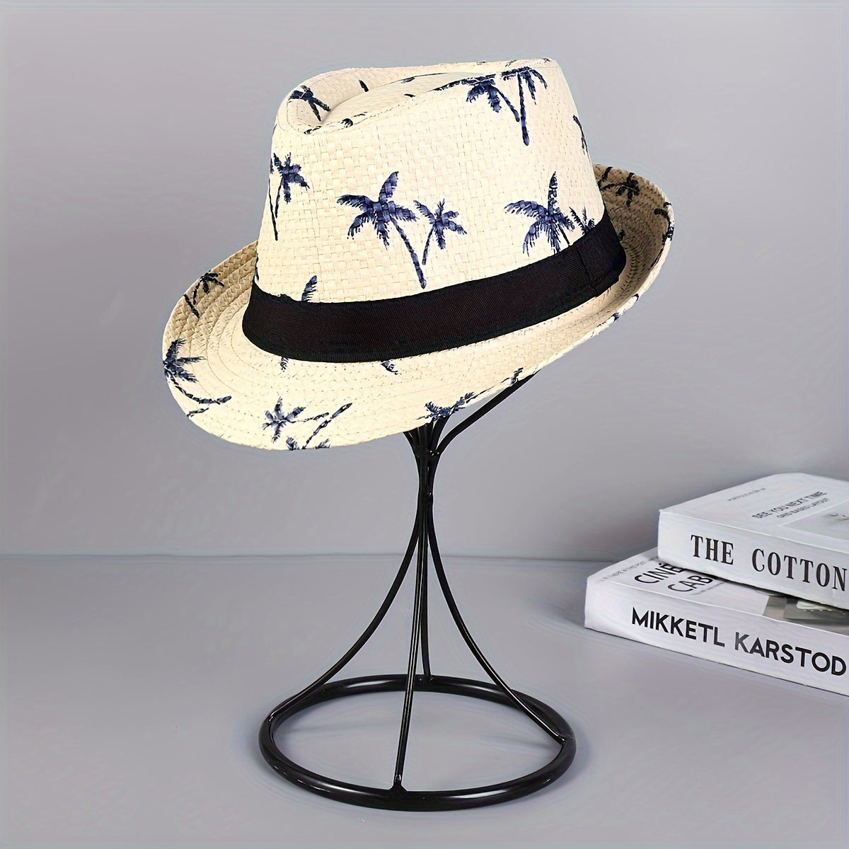 4-Piece Set of Men's Panama Straw Hats with Palm Tree Pattern - Suitable for Beach, Sun, and Style