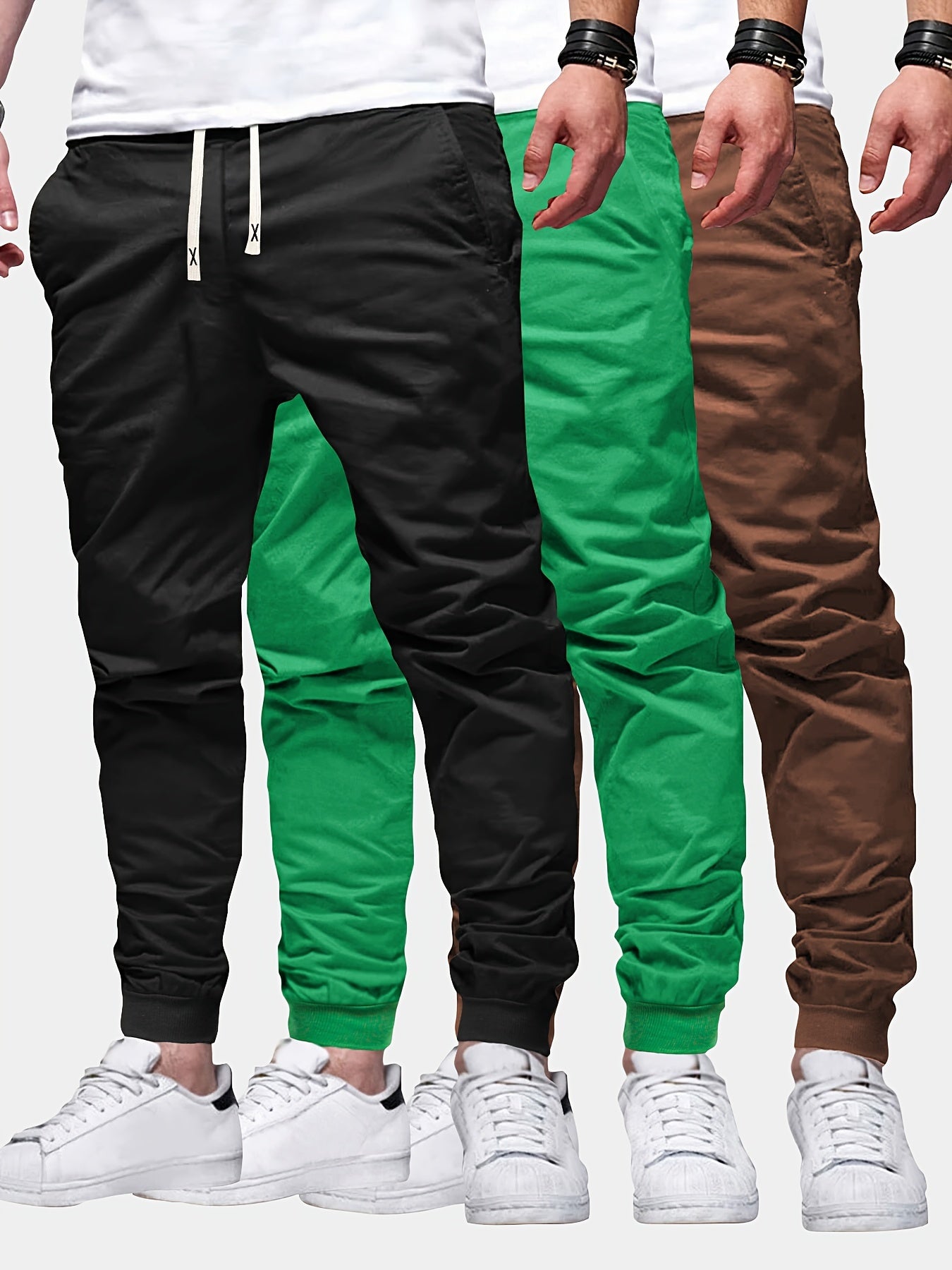 3pcs Solid Color Men's Regular Fit Jogger Sweatpants With Drawstring And Pockets, Chic And Trendy Trousers For Spring And Autumn Outdoors And Sports Wear