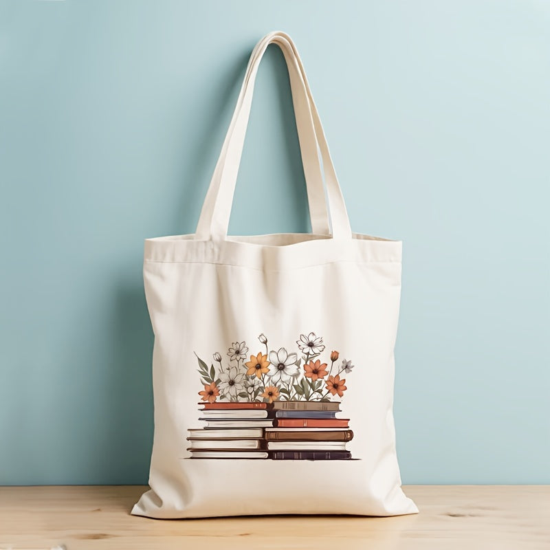 1pc Book and Flower Pattern Shoulder Bag Shopping Canvas Bag Canvas Tote Bag Tote Casual Canvas School Multifunctional Shopping Bag