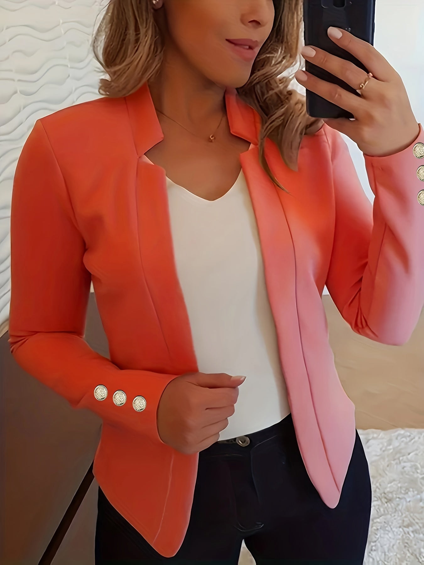 Solid Open Front Button Decor Blazer, Elegant Long Sleeve Blazer For Office & Work, Women's Clothing