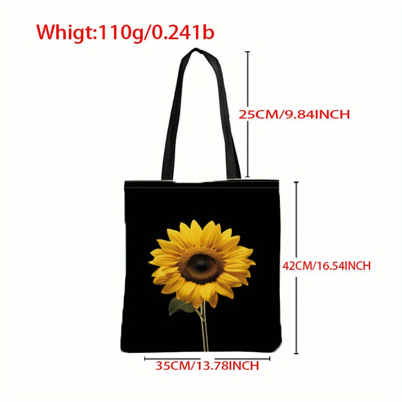 1pc Sunflower Pattern Canvas Tote Bag, Casual Large Capacity Shoulder Bag, Perfect Shopping Bag, Handbag