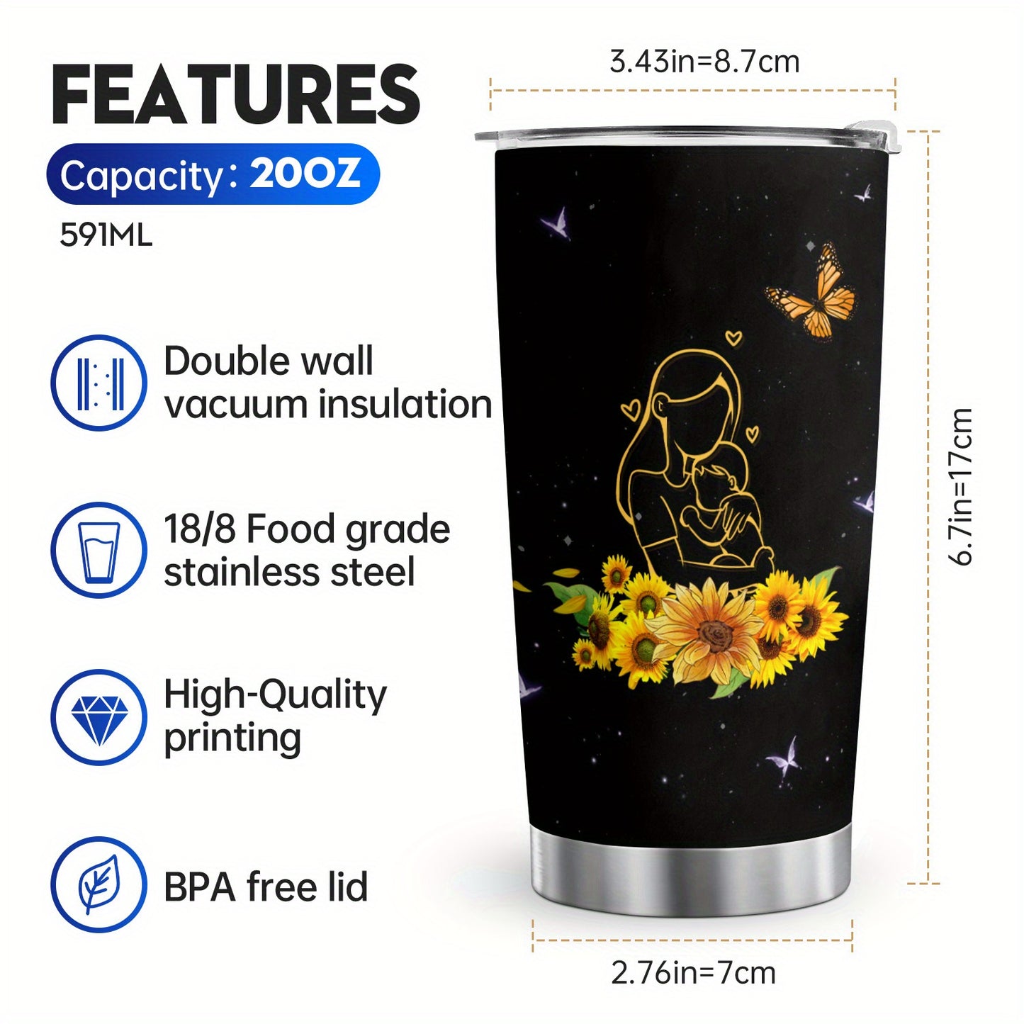 1pc Sunflower Tumbler, 20oz Stainless Steel Mug With Lid, Double Wall Water Cup Travel Mug, Gifts For Women