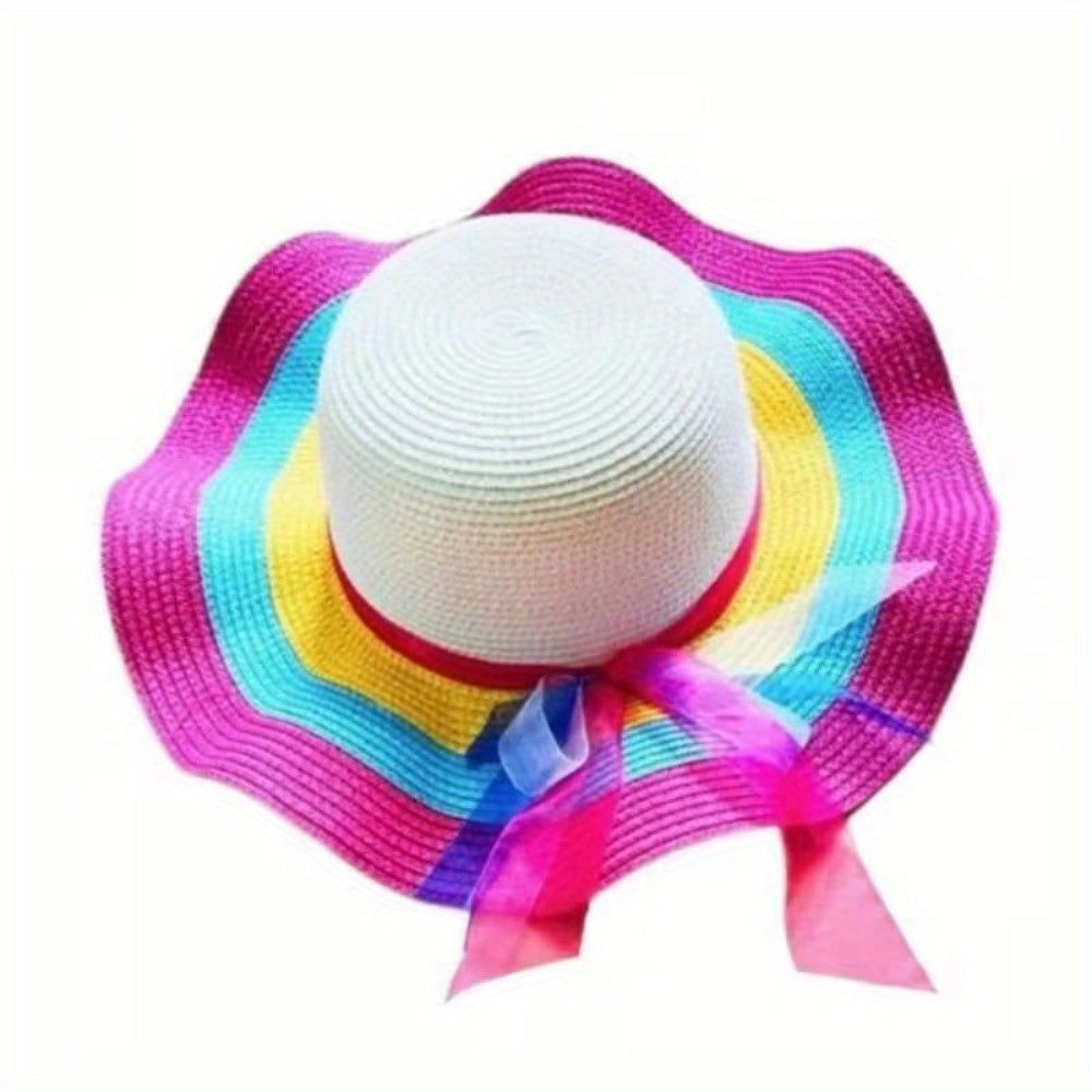 Candy Color Ribbon Bowknot Straw Hat Trendy Rainbow Striped Ruffle Sun Hats Foldable Travel Beach Hats For Women daily uses Summer Outdoor