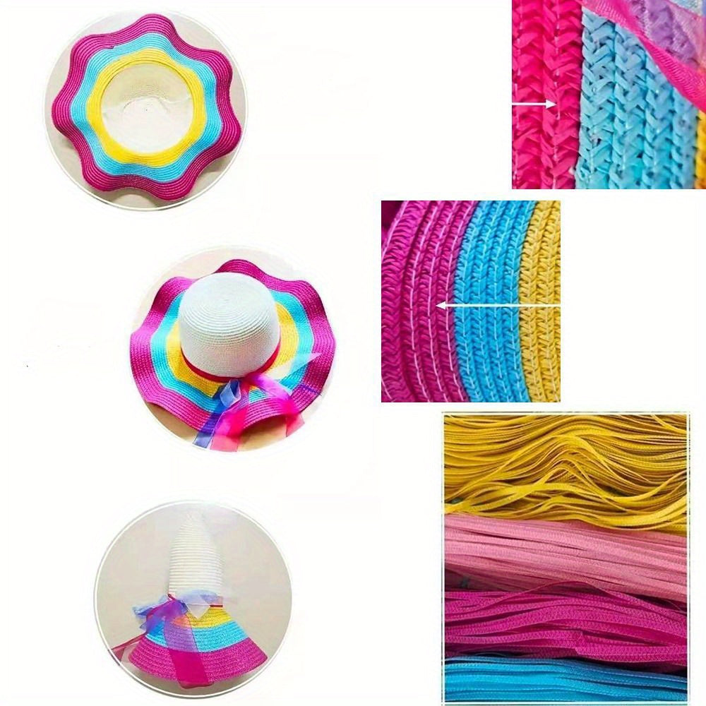 Candy Color Ribbon Bowknot Straw Hat Trendy Rainbow Striped Ruffle Sun Hats Foldable Travel Beach Hats For Women daily uses Summer Outdoor