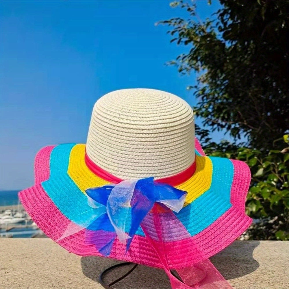 Candy Color Ribbon Bowknot Straw Hat Trendy Rainbow Striped Ruffle Sun Hats Foldable Travel Beach Hats For Women daily uses Summer Outdoor