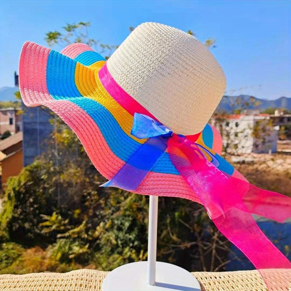 Candy Color Ribbon Bowknot Straw Hat Trendy Rainbow Striped Ruffle Sun Hats Foldable Travel Beach Hats For Women daily uses Summer Outdoor