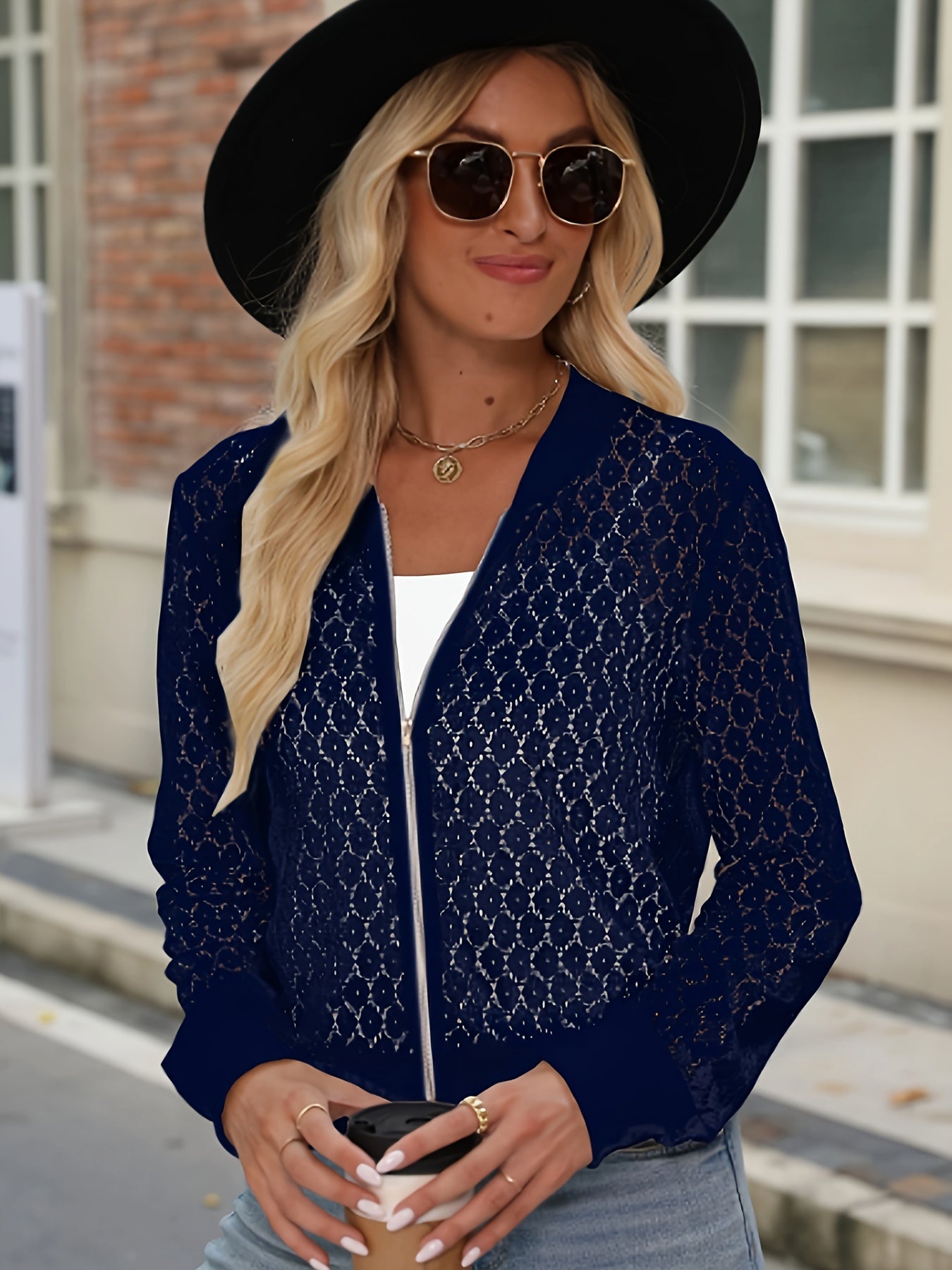 Contrast Lace Bomber Jacket, Casual Zip Up Long Sleeve Outerwear, Women's Clothing